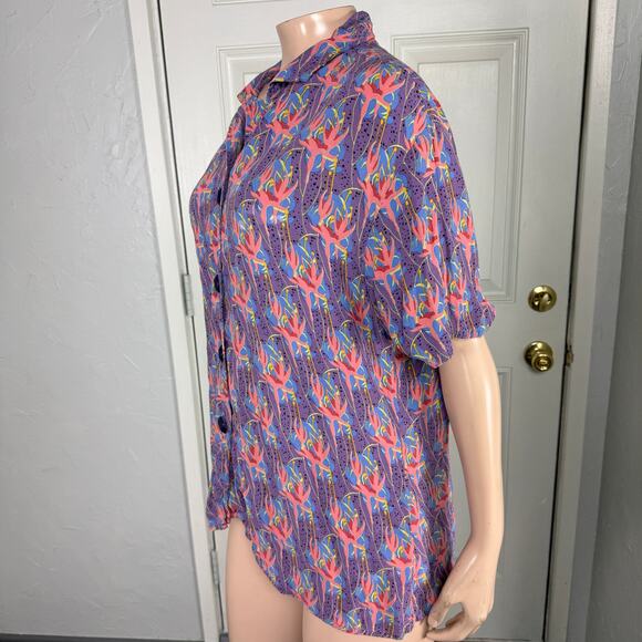 Flax Women's Shirt Medium 100% Rayon button Short Sleeve Lagenlook Floral D3-30 - Picture 2 of 5